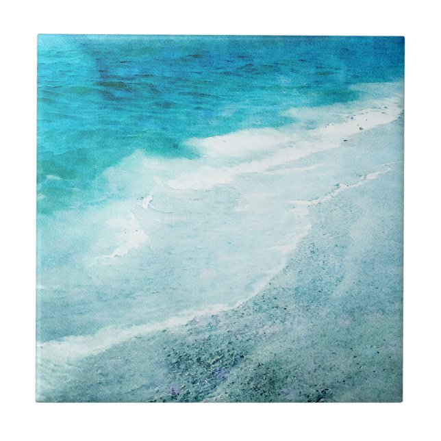Retro Beach - Coastal Ocean Teal Blue Watercolor Tile (Front)