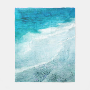 Retro Beach - Coastal Teal Blue Ocean Watercolor Fleece Blanket