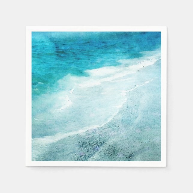 Retro Beach - Coastal Teal Blue Ocean Watercolor Napkin (Front)