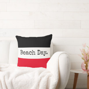 Retro BEACH DAY Black Bright Red White Stripes Cushion