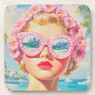 Retro Beach Girl with Floral Sunglasses Coaster