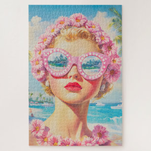 Retro Beach Girl with Floral Sunglasses Jigsaw Puzzle