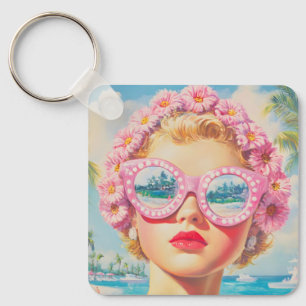 Retro Beach Girl with Floral Sunglasses Key Ring