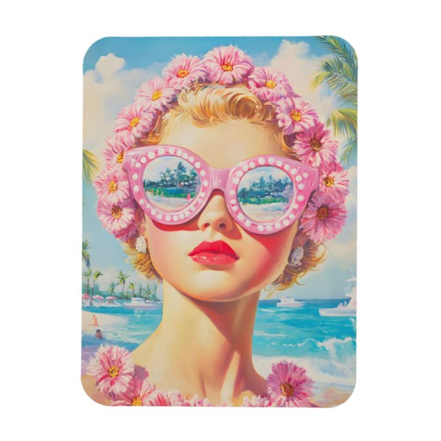 Retro Beach Girl with Floral Sunglasses Magnet (Vertical)