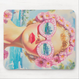 Retro Beach Girl with Floral Sunglasses Mouse Pad