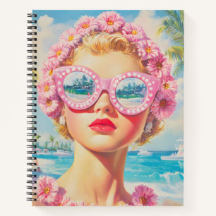 Retro Beach Girl with Floral Sunglasses Notebook