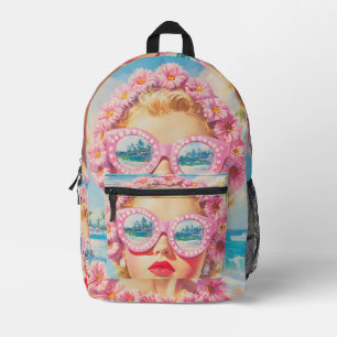 Retro Beach Girl with Floral Sunglasses Printed Backpack