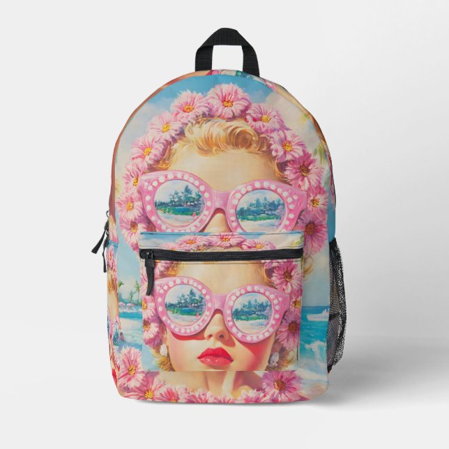 Retro Beach Girl with Floral Sunglasses Printed Backpack (Front)
