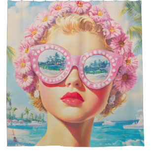 Retro Beach Girl with Floral Sunglasses Shower Curtain