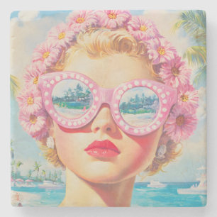 Retro Beach Girl with Floral Sunglasses Stone Coaster