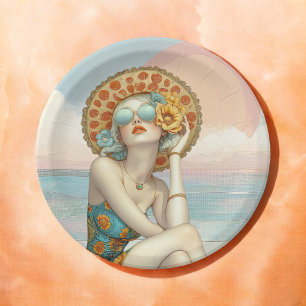 Retro Beach Glam Stylish Woman in Sunglasses Paper Plate