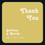 Retro Beach | Gold Thank You Wedding Favour Square Sticker<br><div class="desc">This retro beach | gold thank you wedding favour square sticker is perfect for your simple vintage, colourful tropical boho summer wedding. Its unique bohemian mid-century font gives this design a classic minimalist groovy hippie vibe. Suppose you're looking for a design that features bright, rustic coastal ocean colours for your...</div>