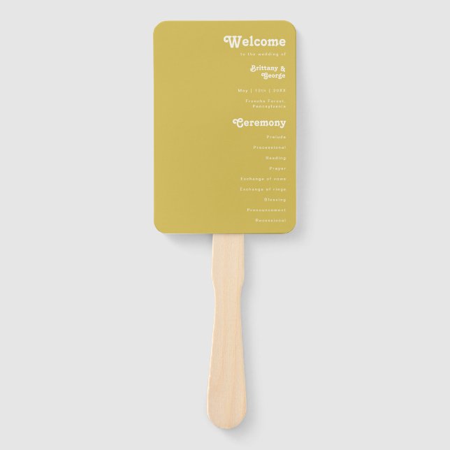 Retro Beach | Gold Wedding Program Hand Fan (Front)