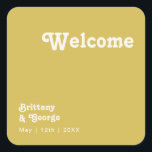 Retro Beach | Gold Wedding Welcome Square Sticker<br><div class="desc">This retro beach | gold wedding welcome square sticker is perfect for your simple vintage, colourful tropical boho summer wedding. Its unique bohemian mid-century font gives this design a classic minimalist groovy hippie vibe. Suppose you're looking for a design that features bright, rustic coastal ocean colours for your creative 70's...</div>