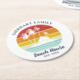 Retro Beach House Family Reunion Palm Trees Round Paper Coaster