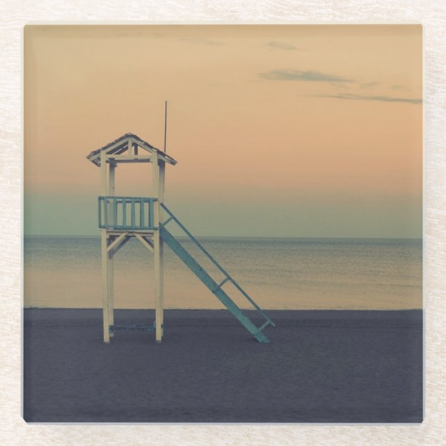 Retro Beach Lifeguard Tower Sunset Glass Coaster (Front)