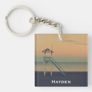 Retro Beach Lifeguard Tower Sunset Personalised Key Ring