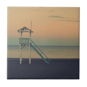 Retro Beach Lifeguard Tower Sunset Tile