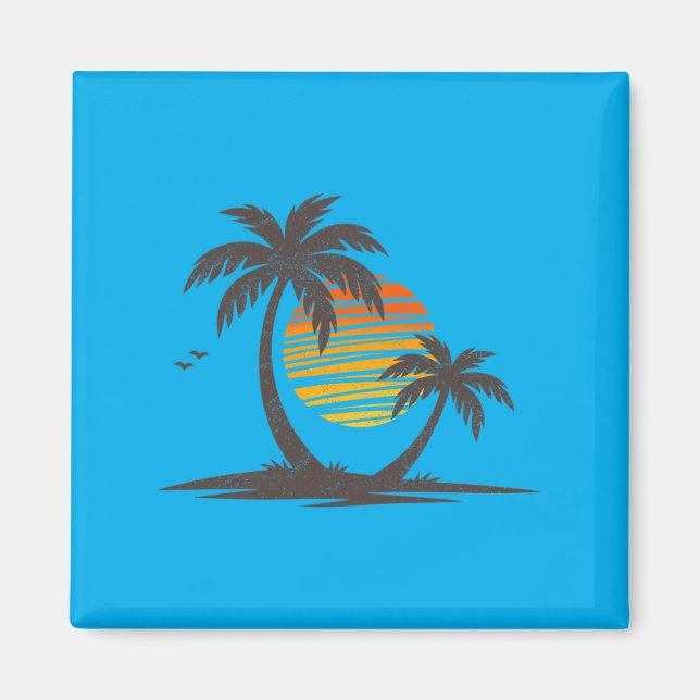 Retro Beach Palm Trees Sunset Funny Holiday Summer Magnet (Front)