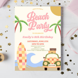 Retro Beach Party Surf Board Pink Birthday Party Invitation