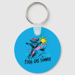 Retro Beach Raccoon Feral Girl Summer Vacation Key Ring