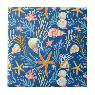 Retro Beach Seashell Orange Pink Yellow Blue Tile
