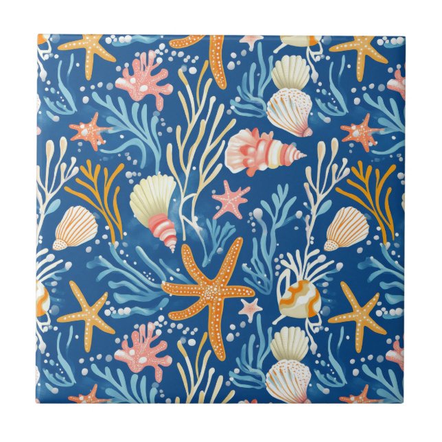 Retro Beach Seashell Orange Pink Yellow Blue Tile (Front)