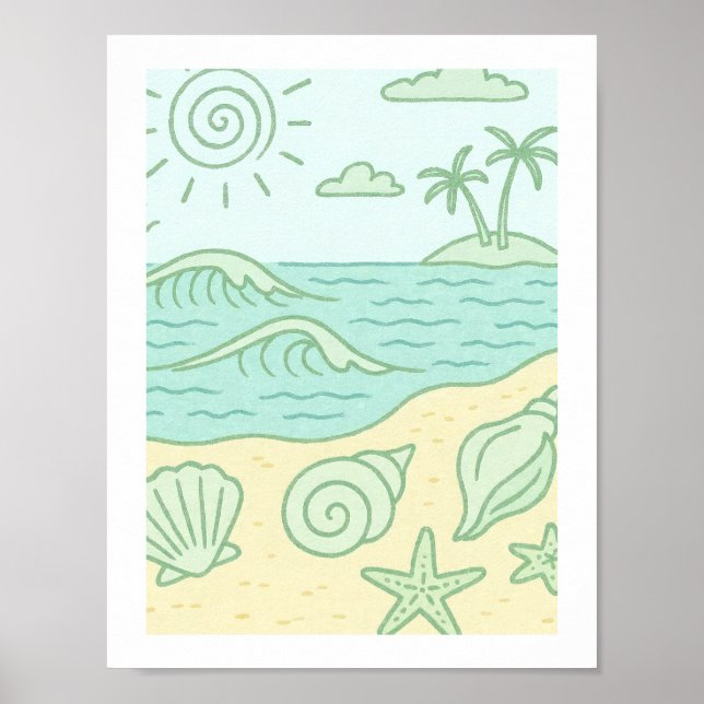 Retro Beach Seashells Coastal Tropical Ocean Sun Poster (Front)