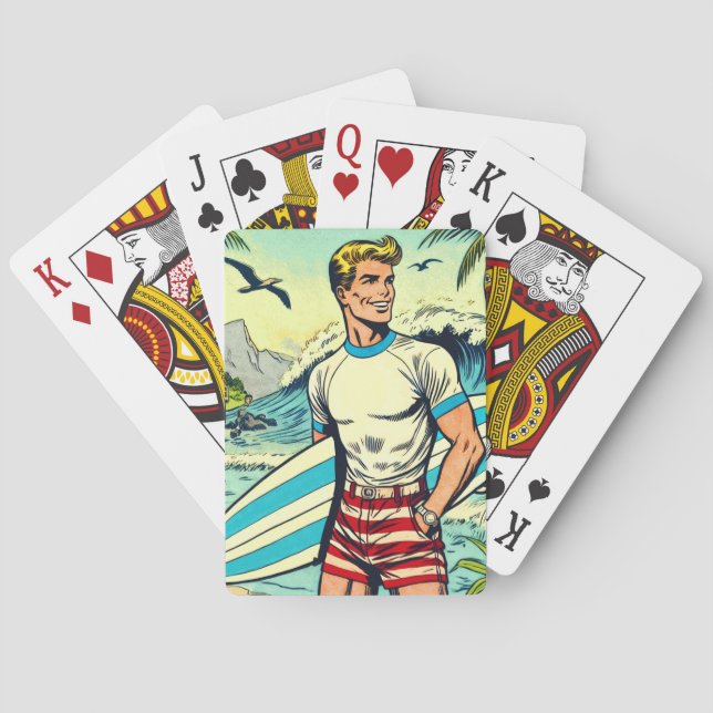 Retro Beach Surf Comics Playing Cards (Back)