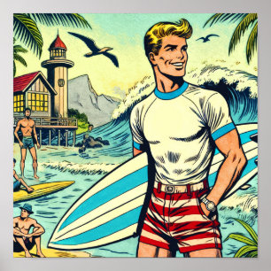 Retro Beach Surf Comics Poster