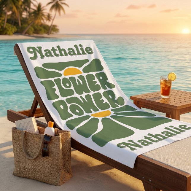 Retro Beach Towel With Name - Personalised Gift (Personalized Retro Beach Towel | Floral Name Gift)