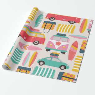 Retro Beach Van and Surfboard Pattern Wrapping Paper