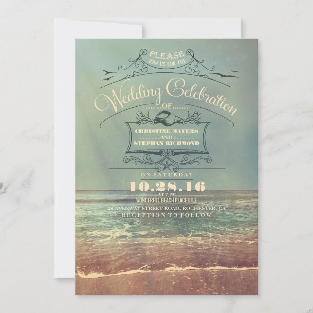 Retro beach wedding invitations - Vintage Seascape (Front)
