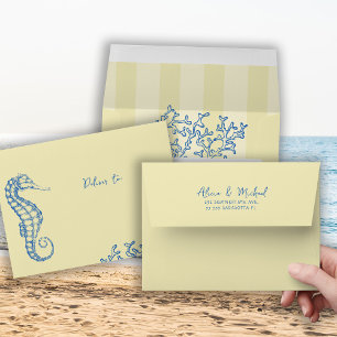 Retro beach wedding yellow blue wedding  envelope