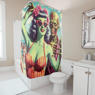 Retro Beach Zombie Pin-Up Shower Curtain