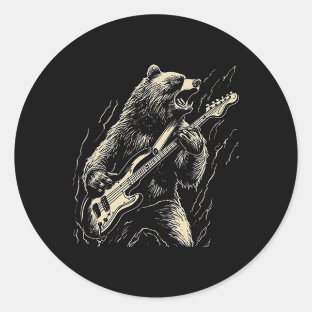 Retro Bear Playing Bass Guitar Bear Guitarist Musi Classic Round Sticker (Front)