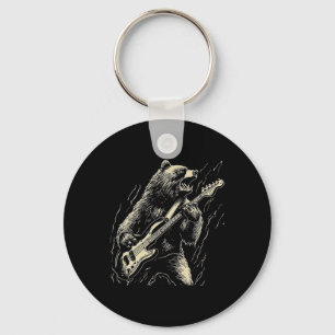 Retro Bear Playing Bass Guitar Bear Guitarist Musi Key Ring