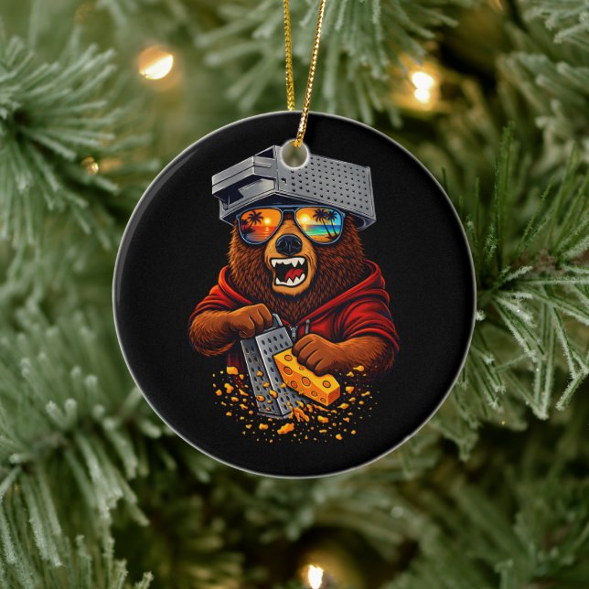 Retro Bear With Cheese Grater Hat and Sunglasses Ceramic Tree Decoration (Tree)