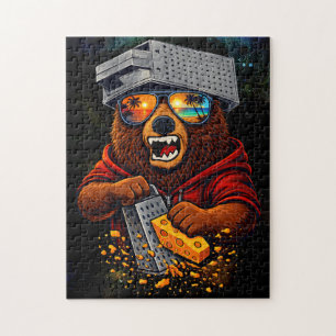 Retro Bear With Cheese Grater Hat and Sunglasses Jigsaw Puzzle