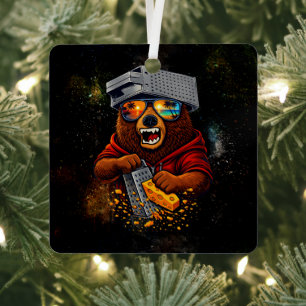 Retro Bear With Cheese Grater Hat and Sunglasses Metal Tree Decoration