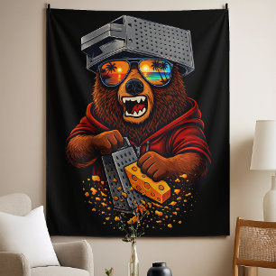 Retro Bear With Cheese Grater Hat and Sunglasses Tapestry