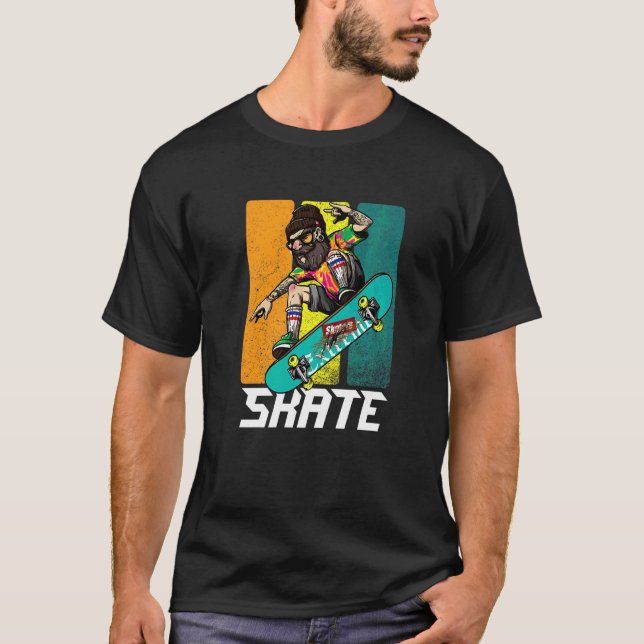 Retro Bearded Skateboarder Hipster Longboard Skate T-Shirt (Front)