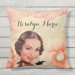 Retro Beautiful 1920s Twenties Woman Rose Petals Outdoor Cushion