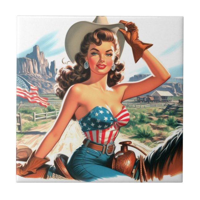 Retro Beautiful Cowgirl Pin Up Tile (Front)