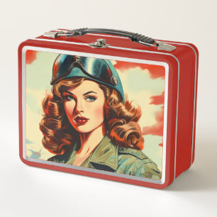 Retro Beautiful Female Soldier Metal Lunch Box