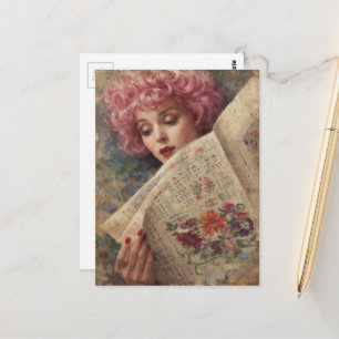 Retro Beautiful Pink Hair Lady Reading Paper Postcard