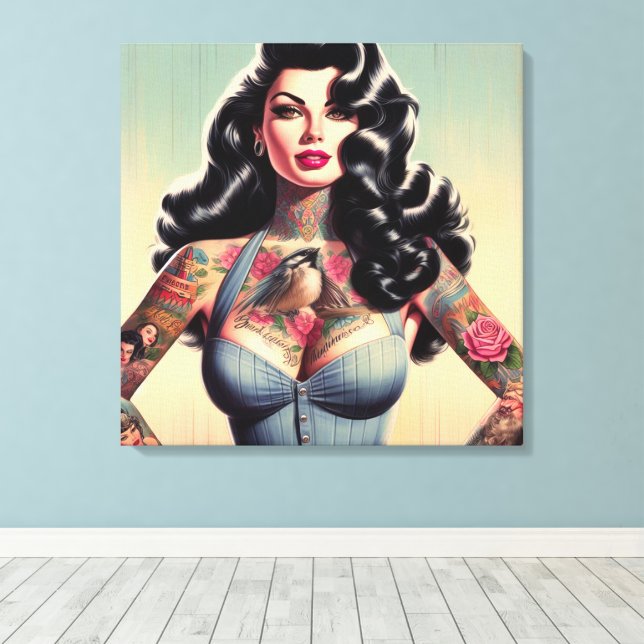 Retro Beauty Tattooed Pin up Canvas Print (Insitu(Wood Floor))
