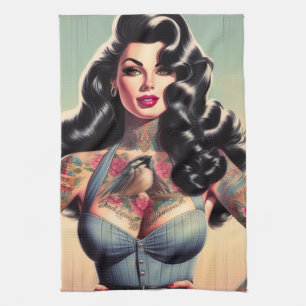 Retro Beauty Tattooed Pin up Tea Towel