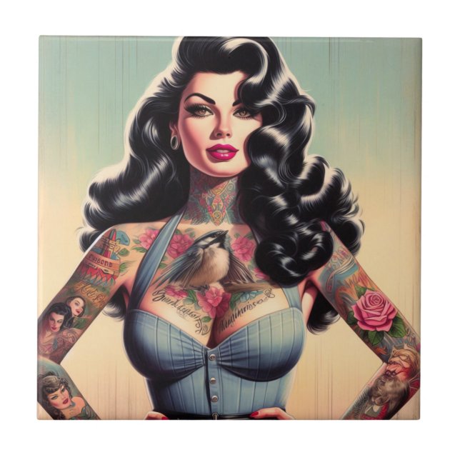 Retro Beauty Tattooed Pin up Tile (Front)