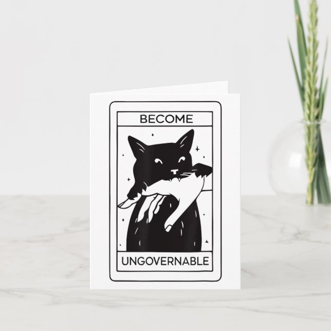 Retro Become Ungovernable Black Cat Biting Hand Fu Card (Front)